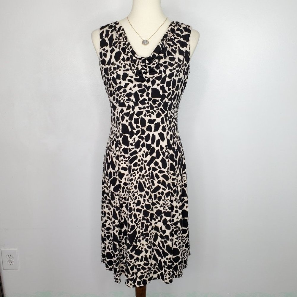 Kasper Black Tan Animal Print Drape Neck Sleeveless Classic Dress Size 4